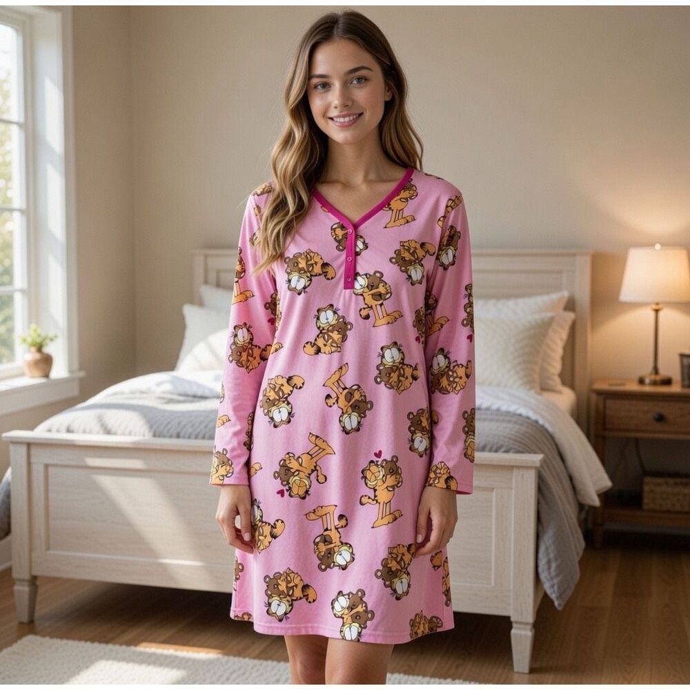 Vintage GARFIELD  Sleepwear Reversible  Polyester Size 8/10 Pink/Red Nightgown